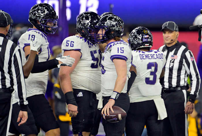 Jan 9, 2023; Inglewood, CA, USA; TCU Horned Frogs quarterback Max Duggan (15) celebrates after scoring a touchdown against the Georgia Bulldogs in the first half in the CFP national championship game at SoFi Stadium. Mandatory Credit: Jayne Kamin-Oncea-USA TODAY Sports